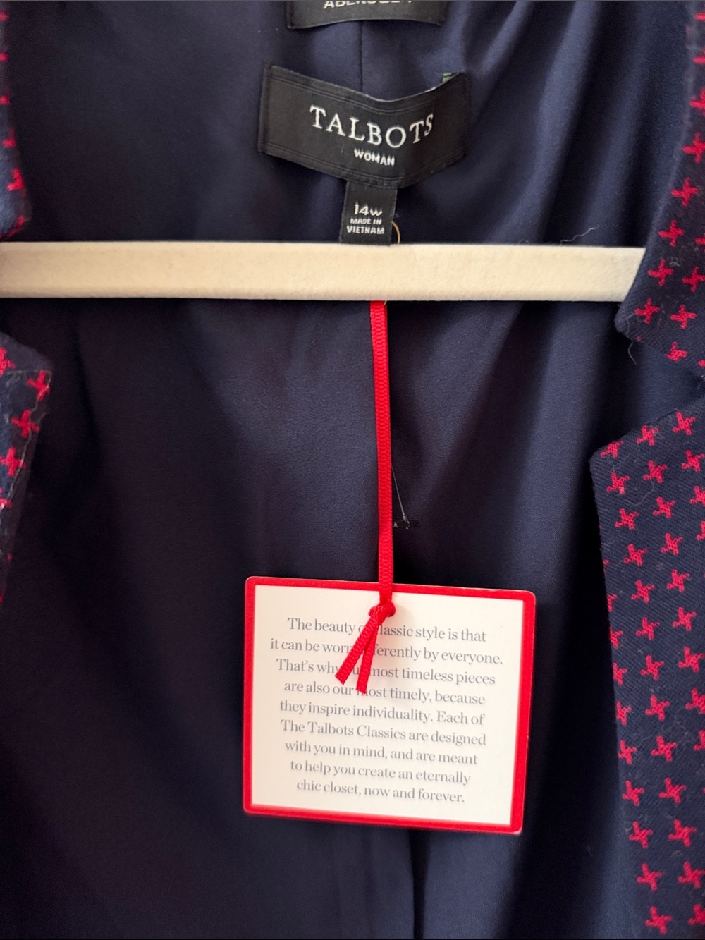 Talbots Navy Blazer with red Cross-Pattern Accents 14W NWT